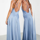 Asos Edition Satin Plunge Maxi Dress With Cross Back In Dusky Blue