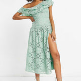 Asos Design One Shoulder Midi Dress In Patched Lace In Sage Green product image