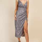 Little Mistress Silver Sequin Mock Wrap Midi Dress