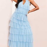 Asos Luxe Ruffle Tulle Maxi Dress In Blue