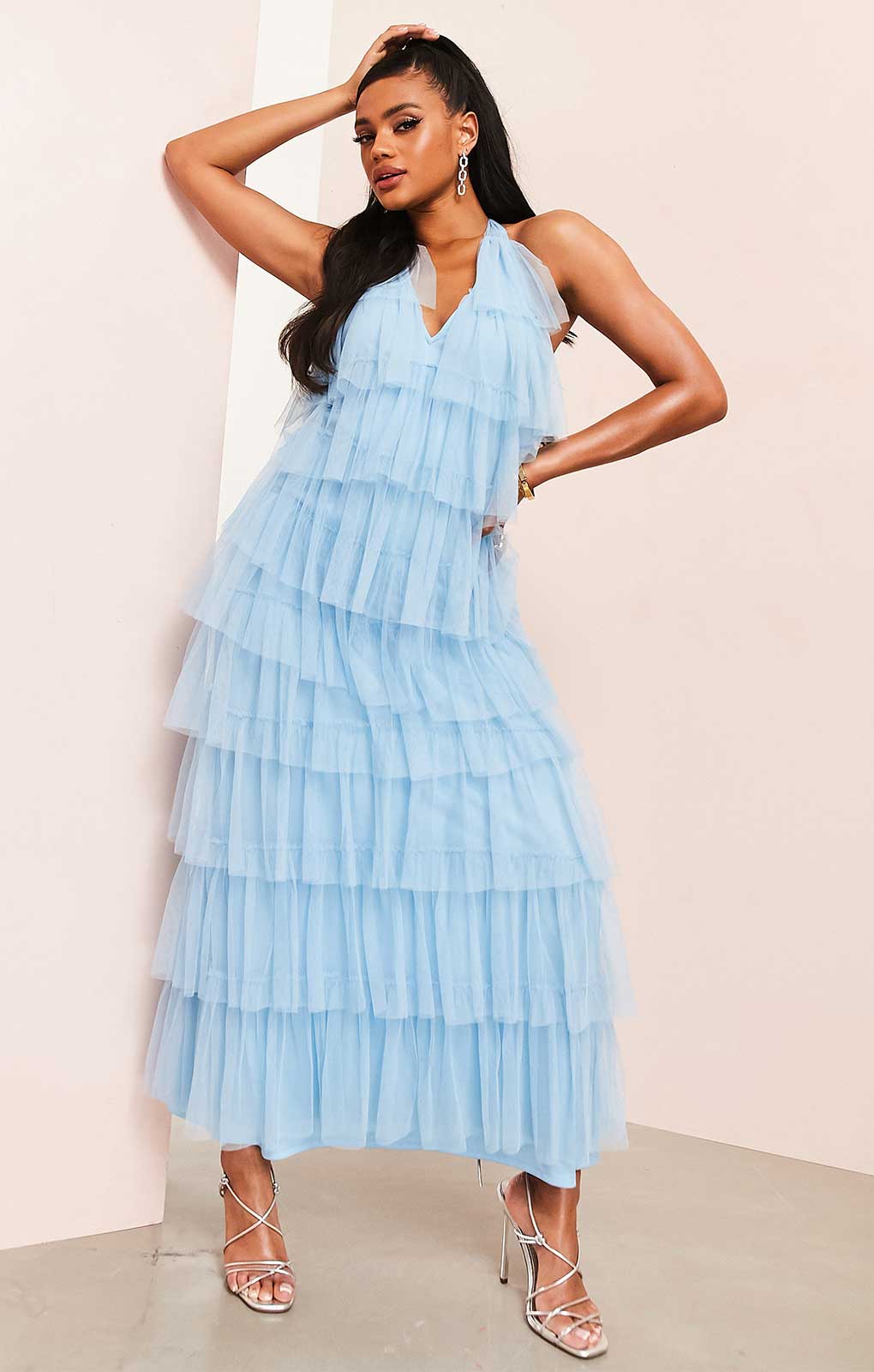 Asos Luxe Ruffle Tulle Maxi Dress In Blue