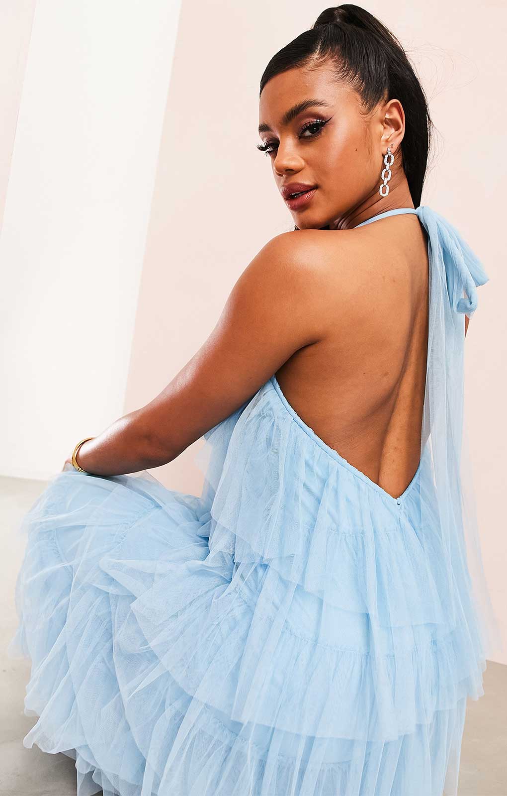 asos blue tulle dress Lace & Beads bow shoulder tiered tulle maxi dress in dusty blue