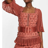 Asos Design Lace Mini Dress With Pleated Chiffon And Satin Belt In Rust Orange product image