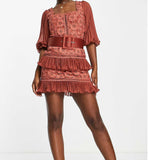 Asos Design Lace Mini Dress With Pleated Chiffon And Satin Belt In Rust Orange product image