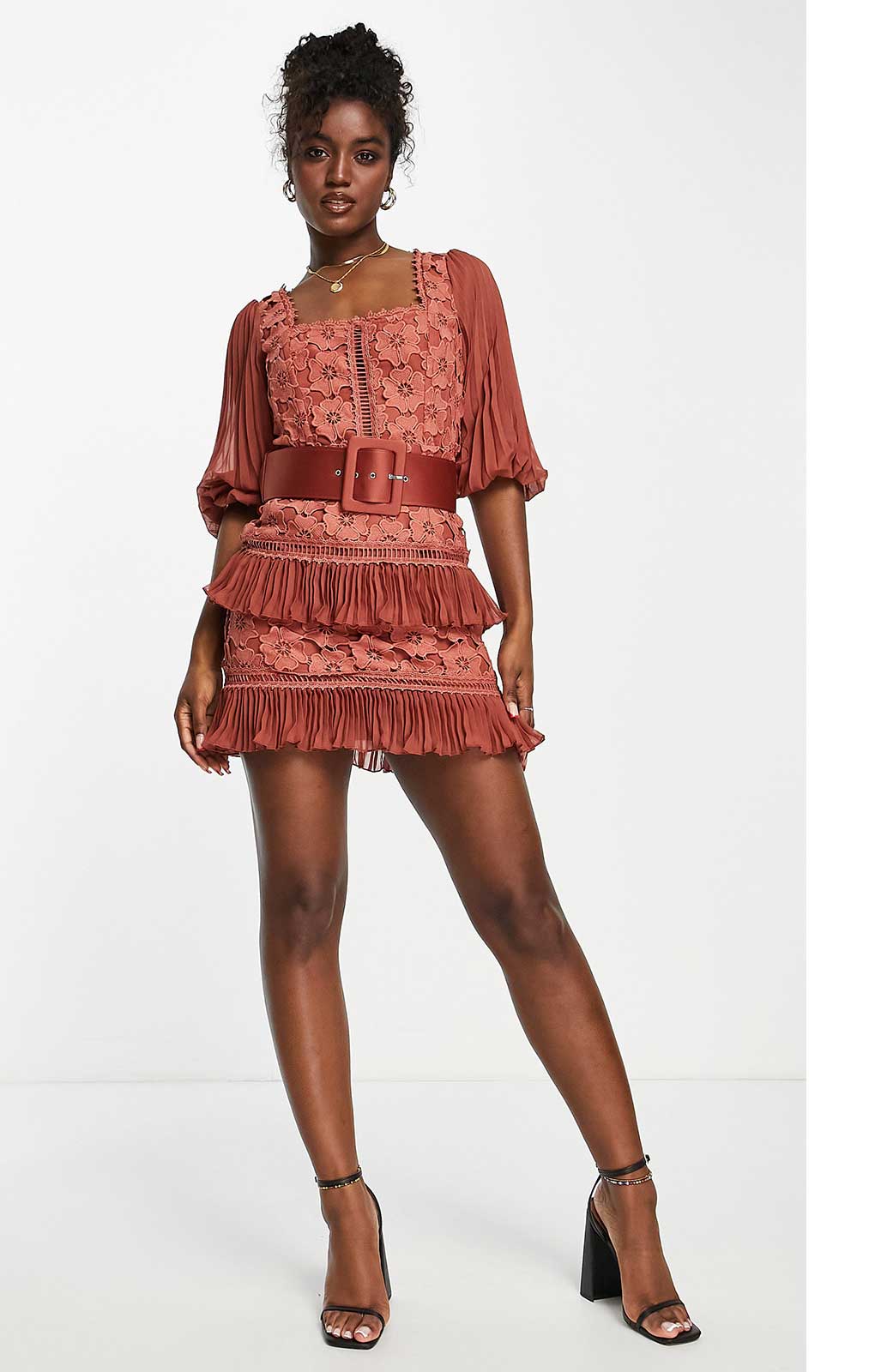 Asos Design Lace Mini Dress With Pleated Chiffon And Satin Belt In Rust Orange product image