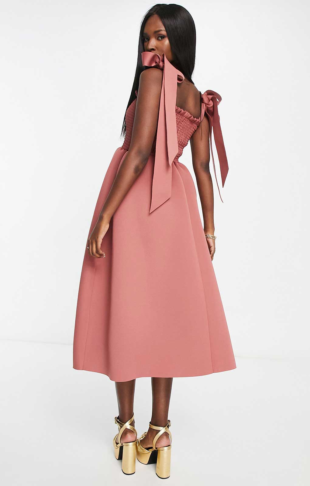 Asos Design Shirred Bunny Tie Prom Midi Dress In Rose Pink product image