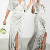 Asos Edition Satin Kimono Sleeve Maxi Dress With Drape Skirt In Sage Green