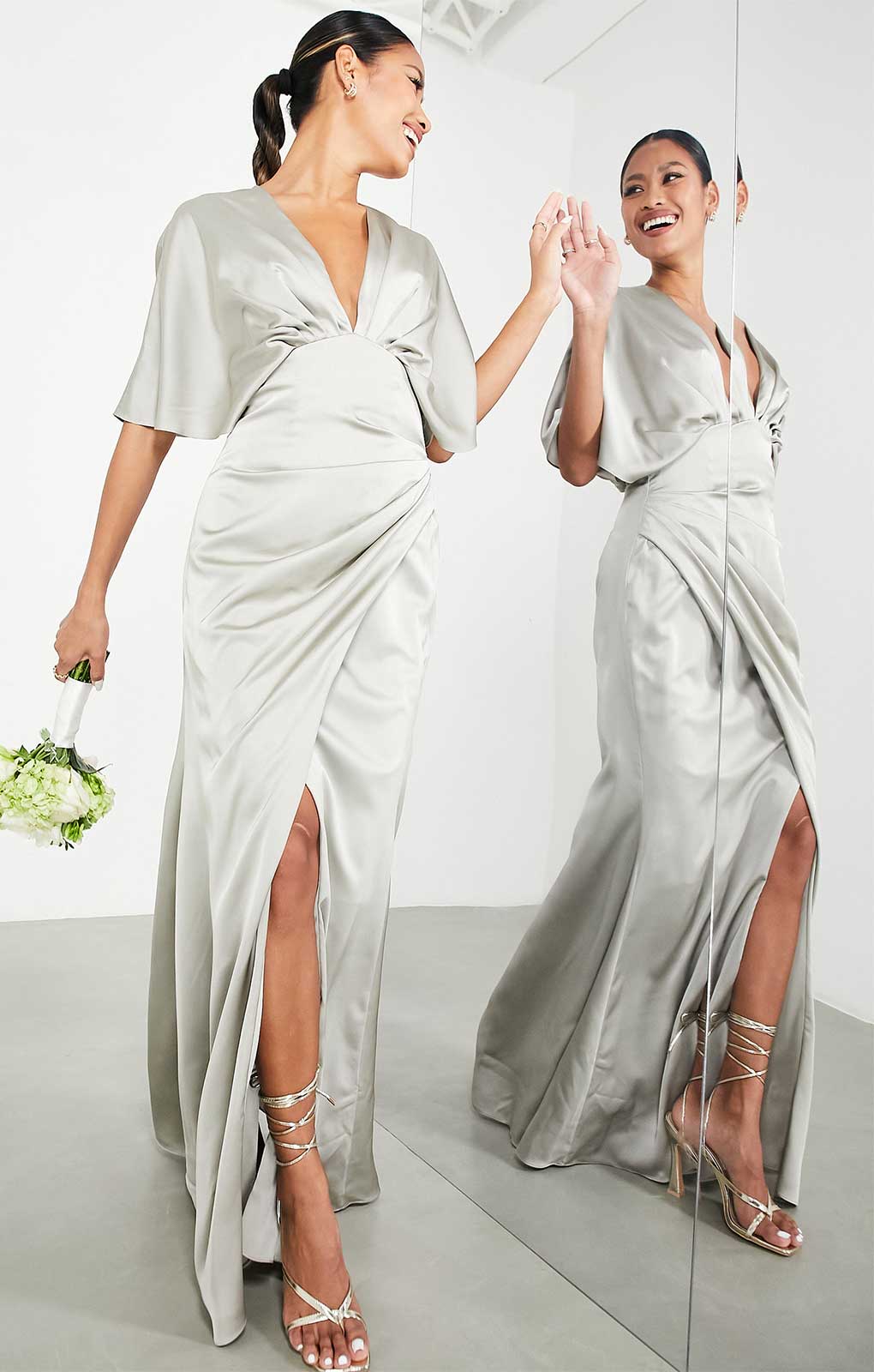 Asos Edition Satin Kimono Sleeve Maxi Dress With Drape Skirt In Sage Green