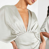 Asos Edition Satin Kimono Sleeve Maxi Dress With Drape Skirt In Sage Green