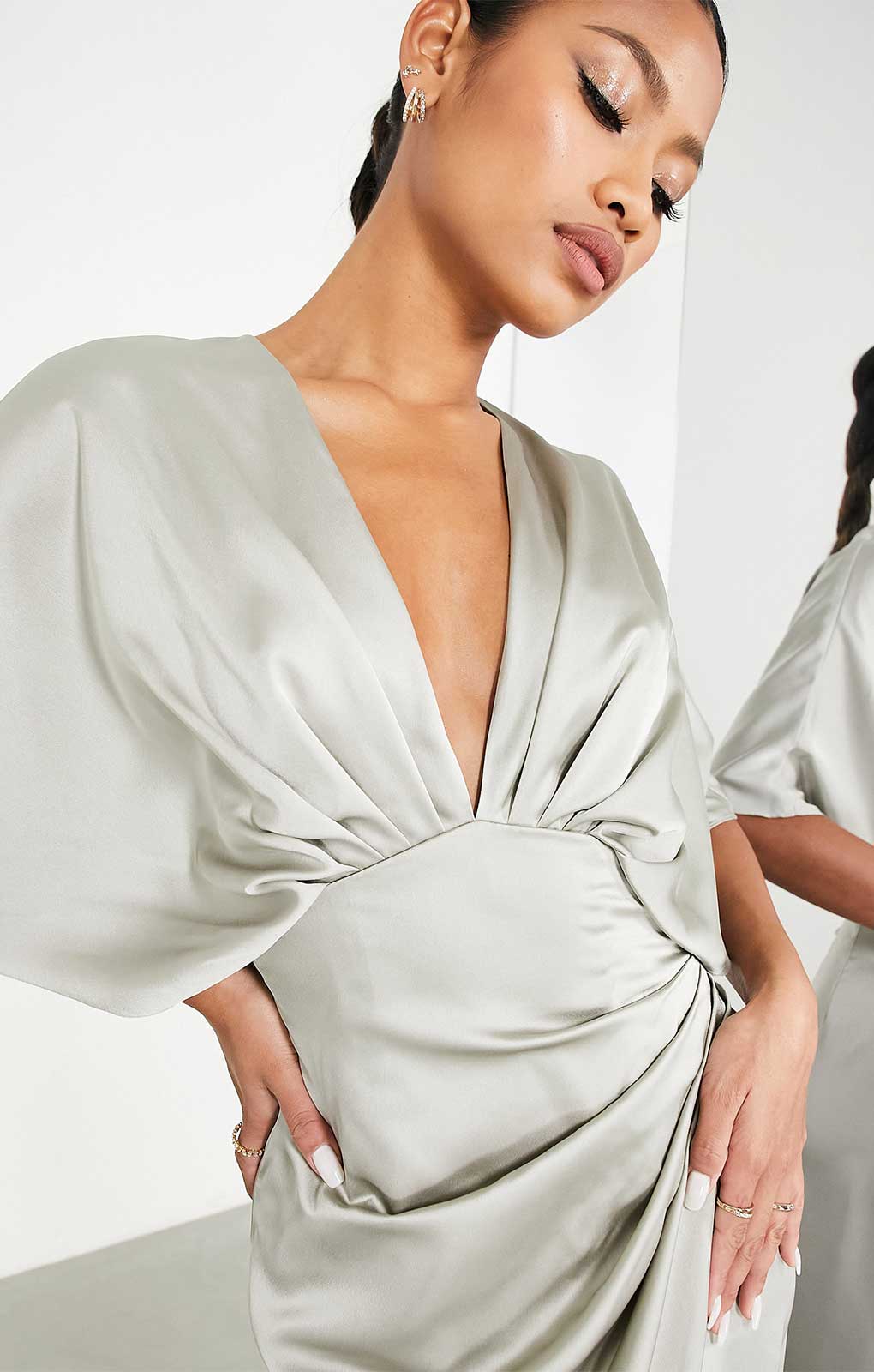 Asos Edition Satin Kimono Sleeve Maxi Dress With Drape Skirt In Sage Green