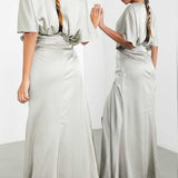 Asos Edition Satin Kimono Sleeve Maxi Dress With Drape Skirt In Sage Green