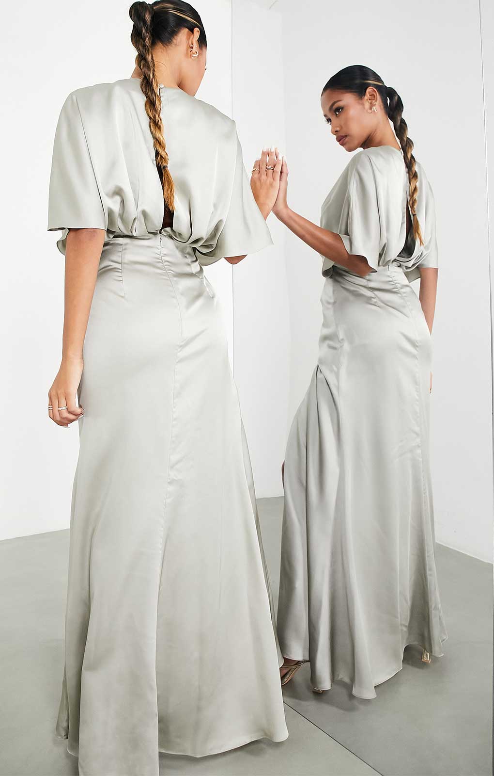 Asos Edition Satin Kimono Sleeve Maxi Dress With Drape Skirt In Sage Green