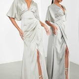 Asos Edition Satin Kimono Sleeve Maxi Dress With Drape Skirt In Sage Green product image