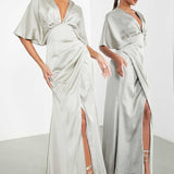 Asos Edition Satin Kimono Sleeve Maxi Dress With Drape Skirt In Sage Green
