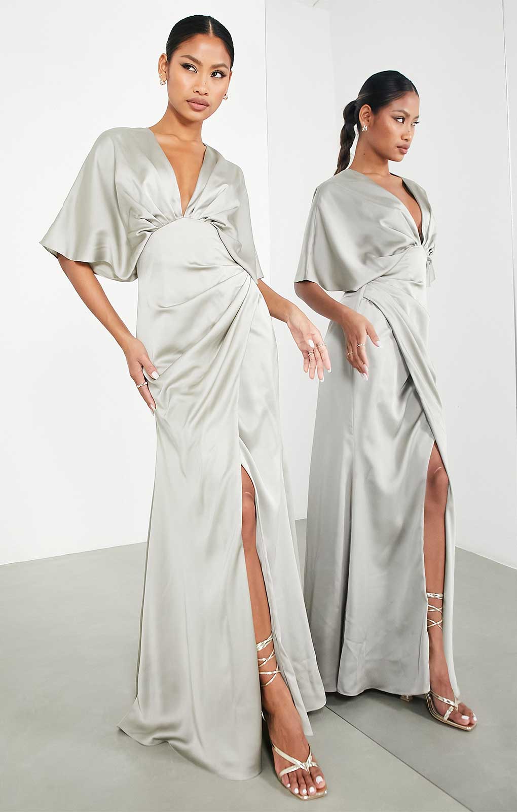 Asos Edition Satin Kimono Sleeve Maxi Dress With Drape Skirt In Sage Green
