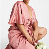 Asos Edition Curve Satin Kimono Sleeve Maxi Dress With Drape Skirt In Dusky Rose Pink product image