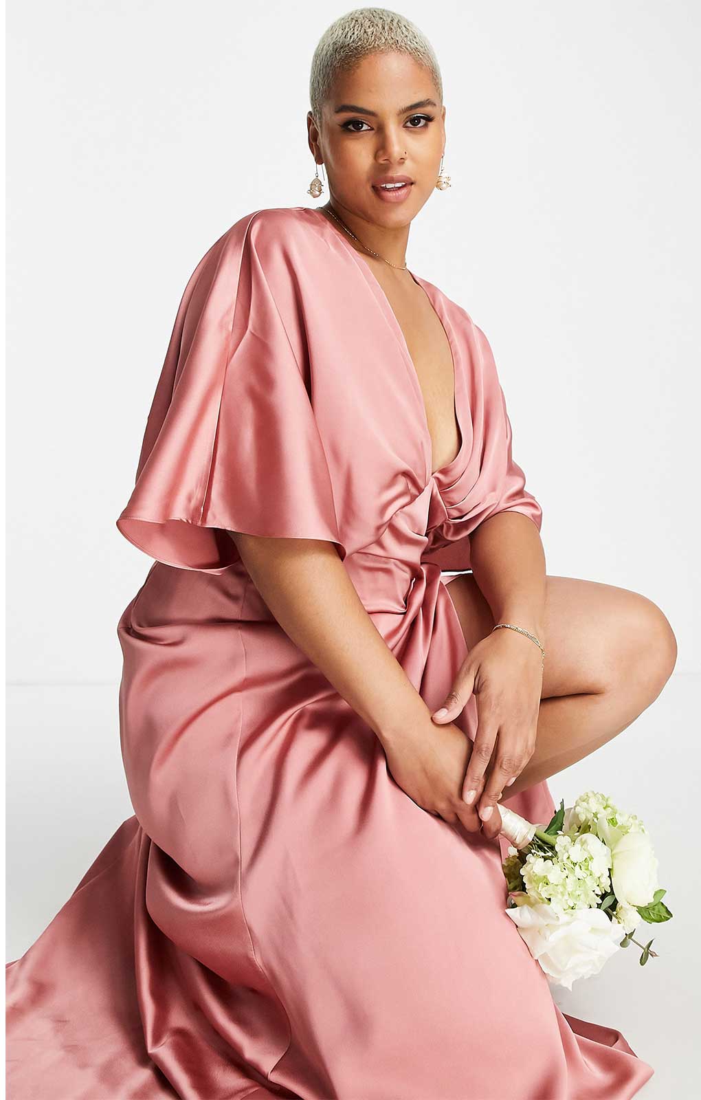 Rent Asos Edition Curve Satin Kimono Sleeve Maxi Dress With Drape Skirt In Dusky Rose Pink