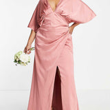 Asos Edition Curve Satin Kimono Sleeve Maxi Dress With Drape Skirt In Dusky Rose Pink