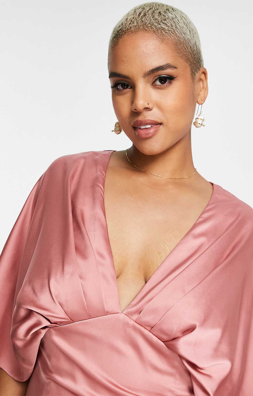 Asos Edition Curve Satin Kimono Sleeve Maxi Dress With Drape Skirt In Dusky Rose Pink