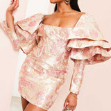 Asos Luxe Jacquard Mini Dress With Triple Ruffle Shoulder In Pink product image