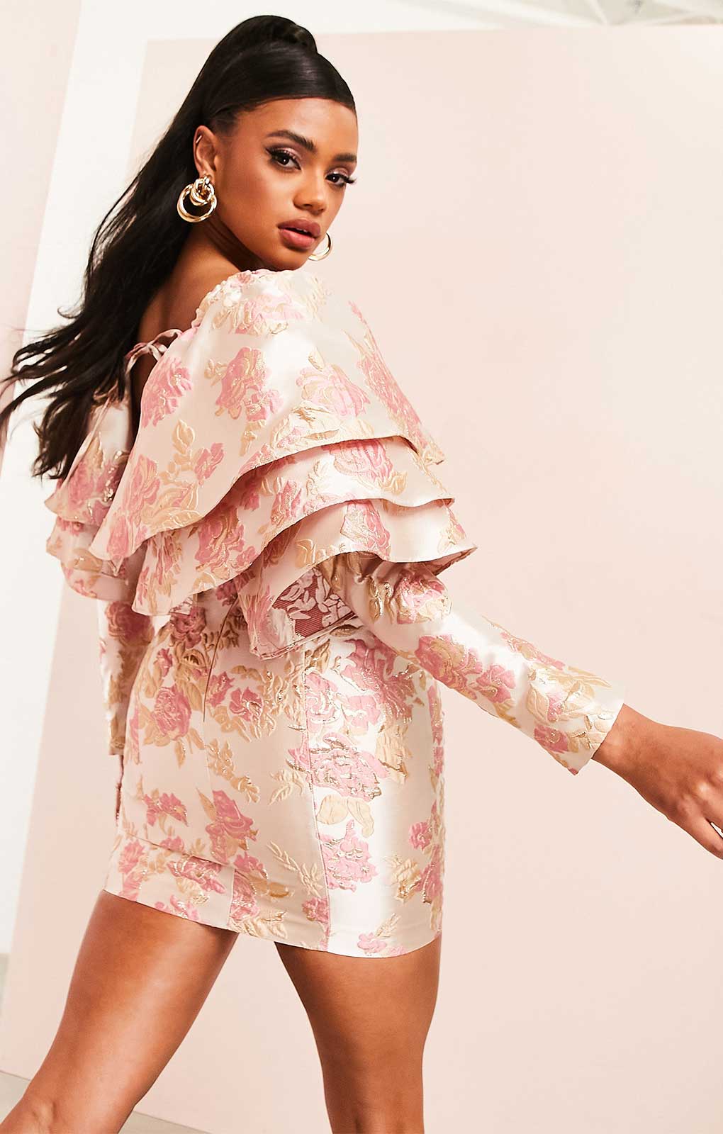 Asos Luxe Jacquard Mini Dress With Triple Ruffle Shoulder In Pink product image