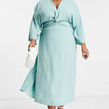 Asos Design Curve Batwing Twist Front Midi Skater Dress In Duck Egg Blue product image