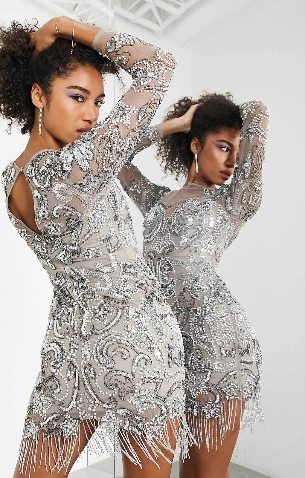 Asos Edition Placement Beaded Mini Dress With Fringe Hem In Grey