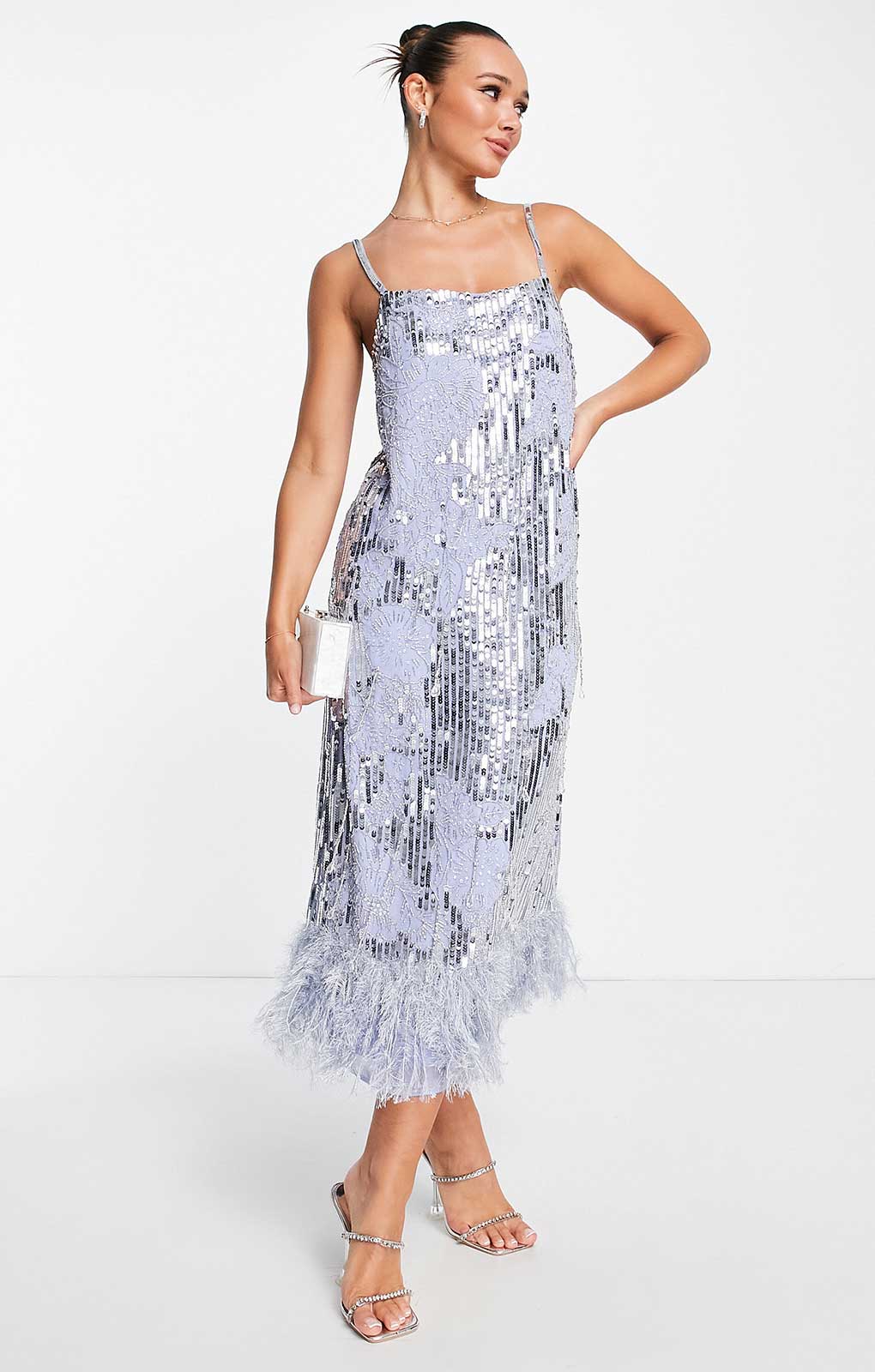 Asos Edition Floral Sequin And Bead Midi Dress With Faux Feather Hem In Violet product image