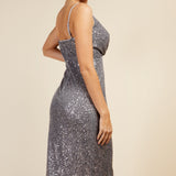 Little Mistress Silver Sequin Mock Wrap Midi Dress