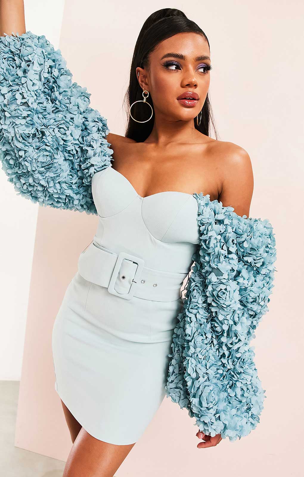 Asos Luxe 3D Floral Sleeve Dress With Belt In Blue product image