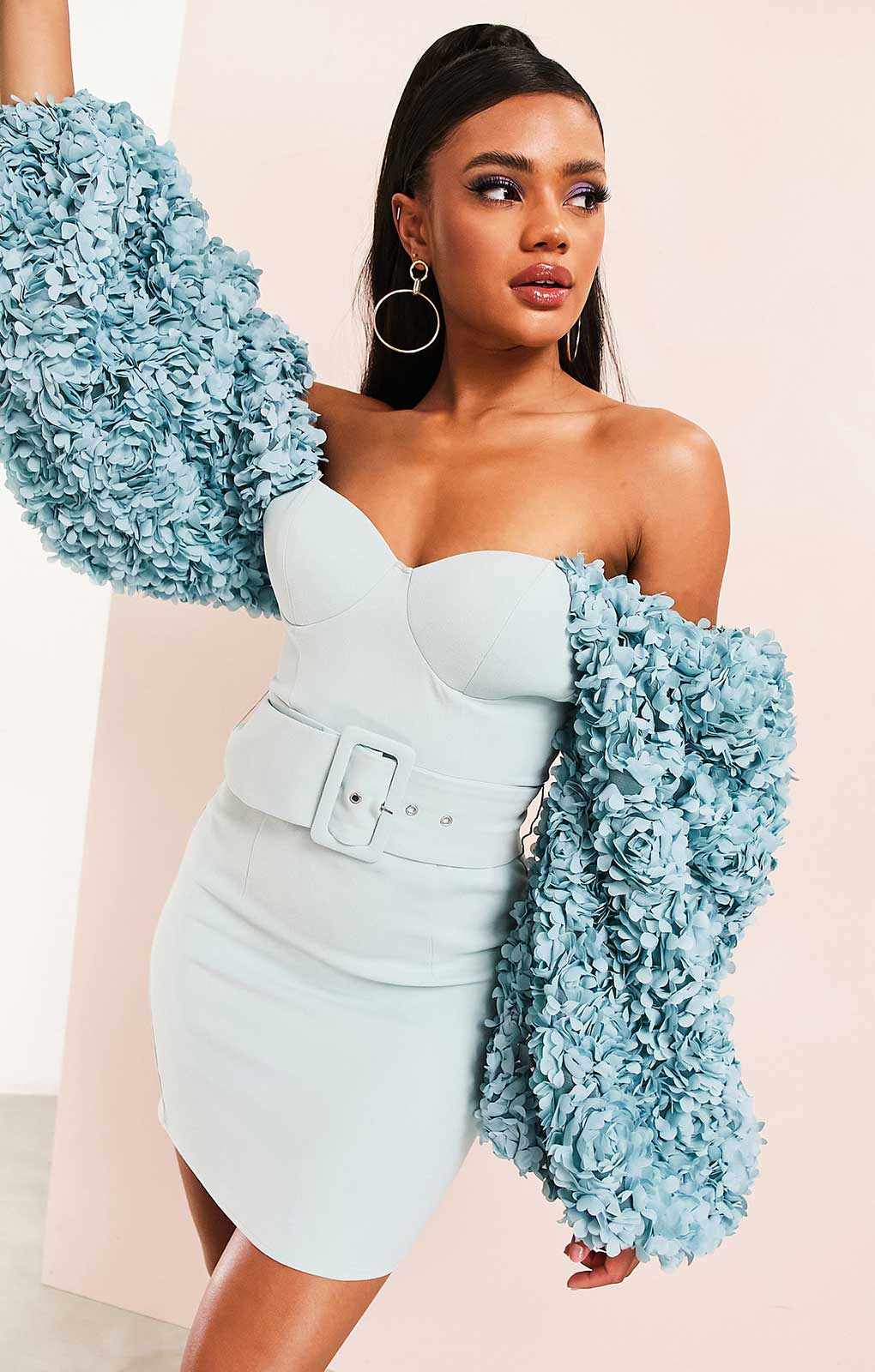 Asos Luxe 3D Floral Sleeve Dress With Belt In Blue