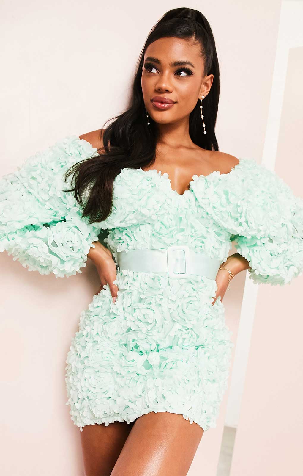 Asos Luxe 3D Floral Bardot Mini Dress In Mint product image