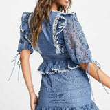 Asos Design Lace Mini Dress With Ruffle Sleeve Detail And Contrast Trims In Blue product image