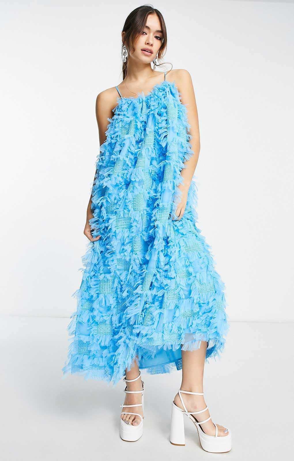 Asos Edition Trapeze Textured Mesh Cami Midi Dress In Electric Blue