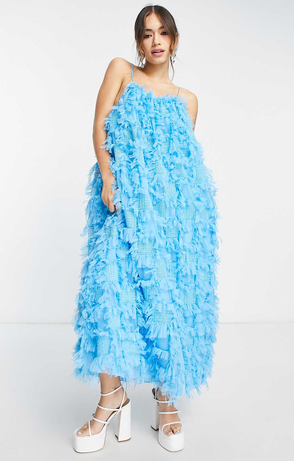 Asos Edition Trapeze Textured Mesh Cami Midi Dress In Electric Blue