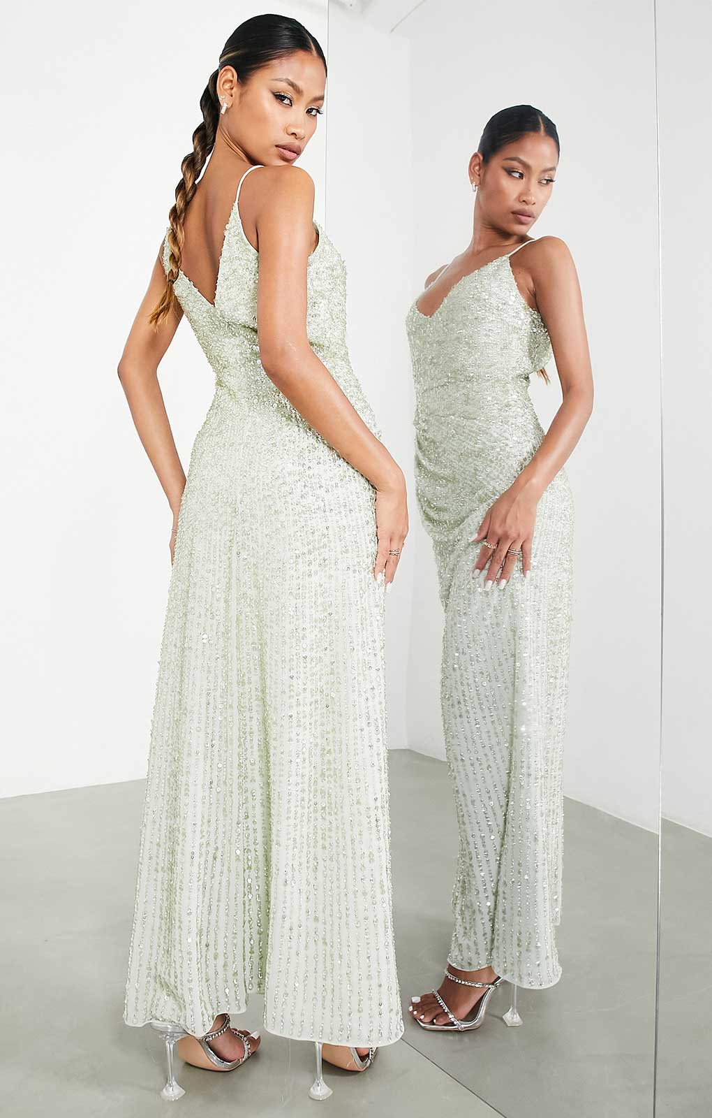 Asos Edition Embellished Drape Side Cami Maxi Dress In Sage Green