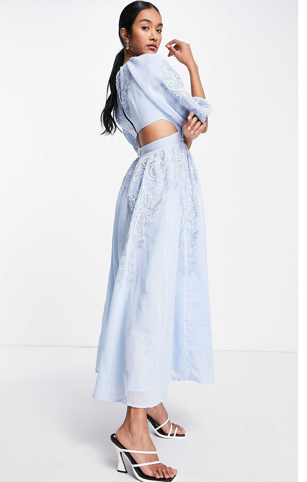 Asos Edition Puff Sleeve Midi Dress With Cut Out Back And Beaded Embroidery In Blue product image