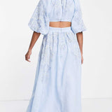 Asos Edition Puff Sleeve Midi Dress With Cut Out Back And Beaded Embroidery In Blue