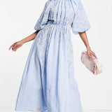 Asos Edition Puff Sleeve Midi Dress With Cut Out Back And Beaded Embroidery In Blue