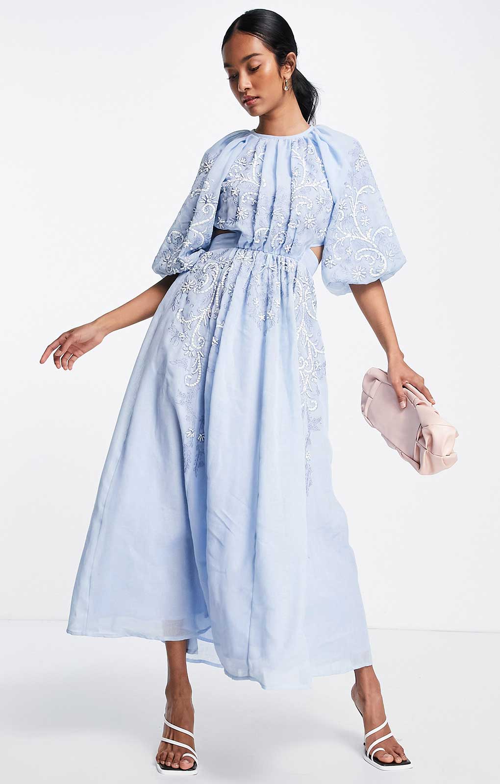Rent Asos Edition Puff Sleeve Midi Dress With Cut Out Back And Beaded Embroidery In Blue | Hirestreet Rent Asos Edition Puff Sleeve Midi Dress With Cut Out Back And Beaded Embroidery In Blue | Hirestreet
