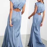 Asos Edition Satin Cowl Neck Maxi Dress With Cut Out Back In Dusky Blue