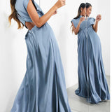 Asos Edition Satin Cowl Neck Maxi Dress With Cut Out Back In Dusky Blue