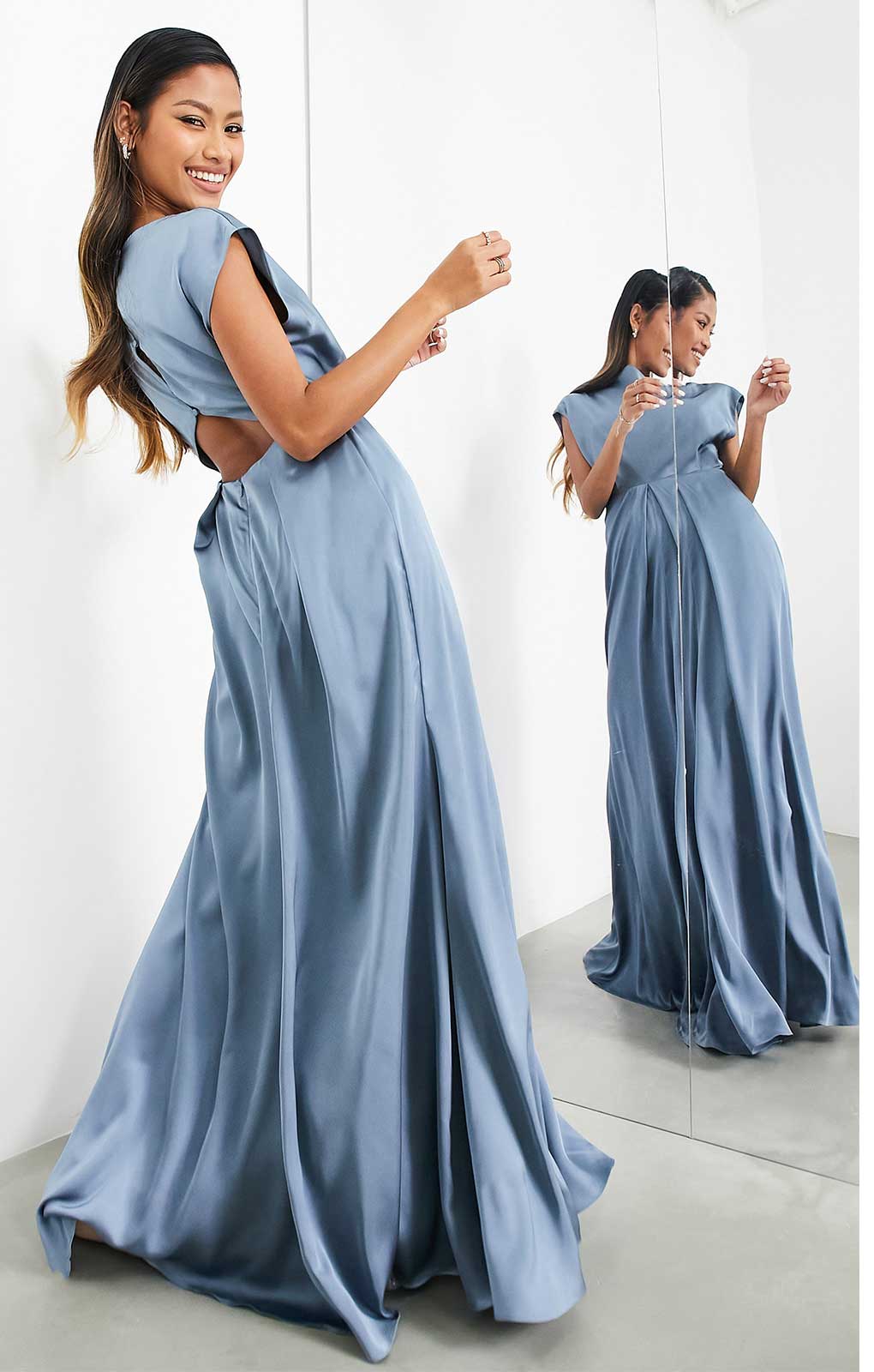 Asos Edition Satin Cowl Neck Maxi Dress With Cut Out Back In Dusky Blue