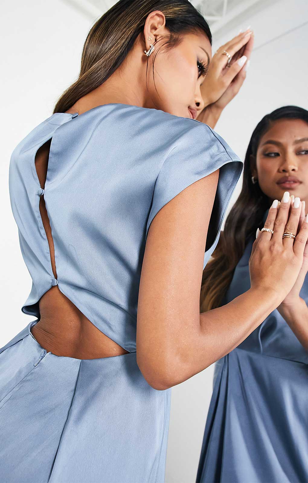 Asos Edition Satin Cowl Neck Maxi Dress With Cut Out Back In Dusky Blue