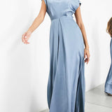 Asos Edition Satin Cowl Neck Maxi Dress With Cut Out Back In Dusky Blue