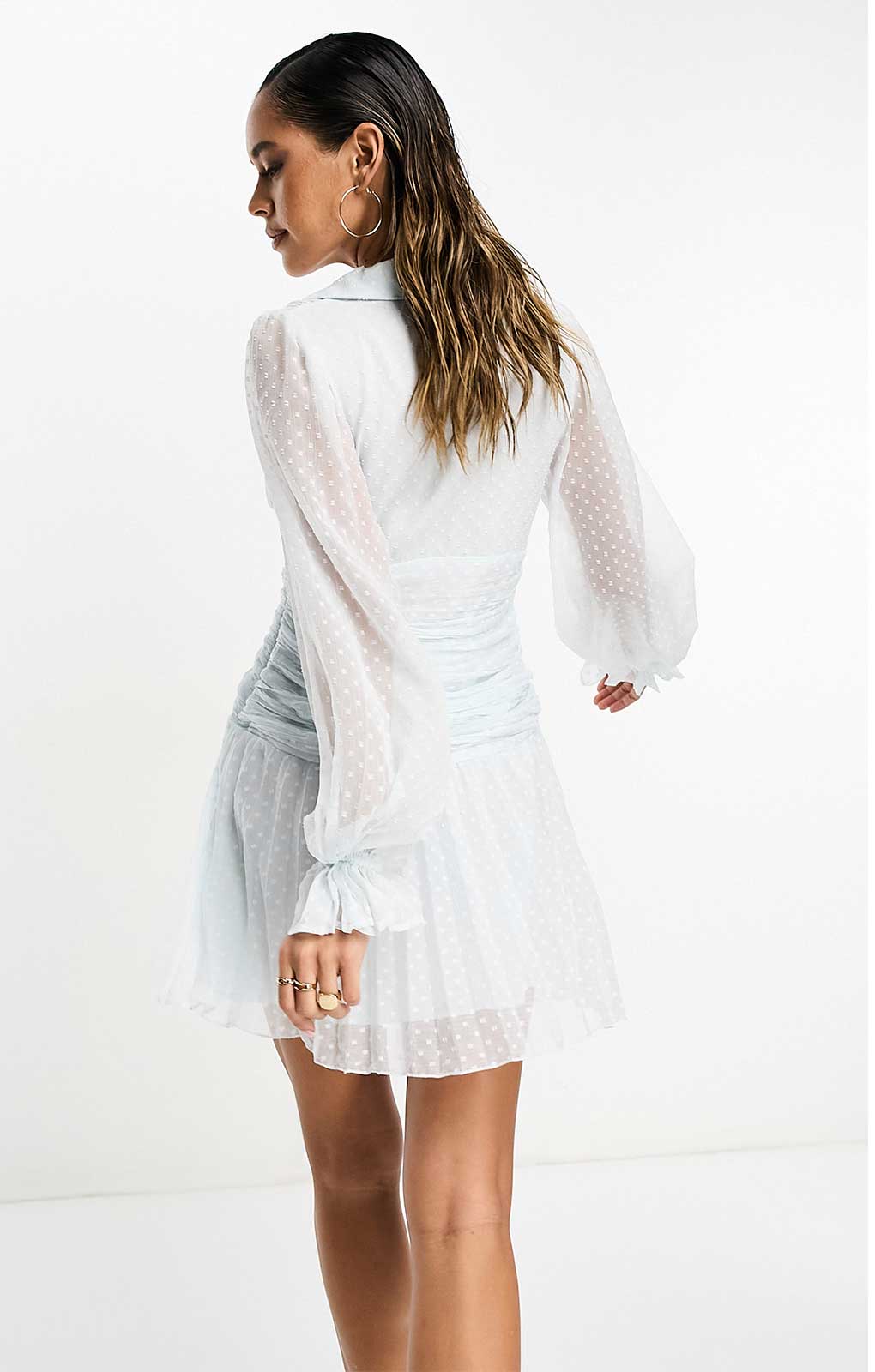 Asos Design Puff Sleeve Dobby Mini Dress With Buttons In Pale Blue