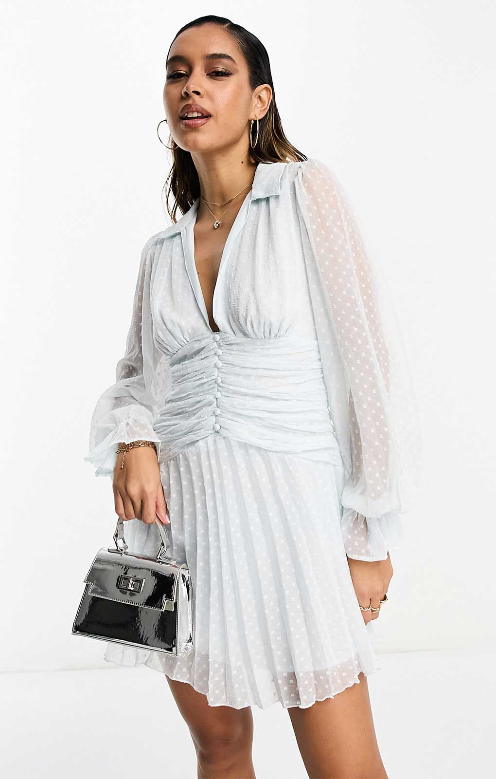 Asos Design Puff Sleeve Dobby Mini Dress With Buttons In Pale Blue
