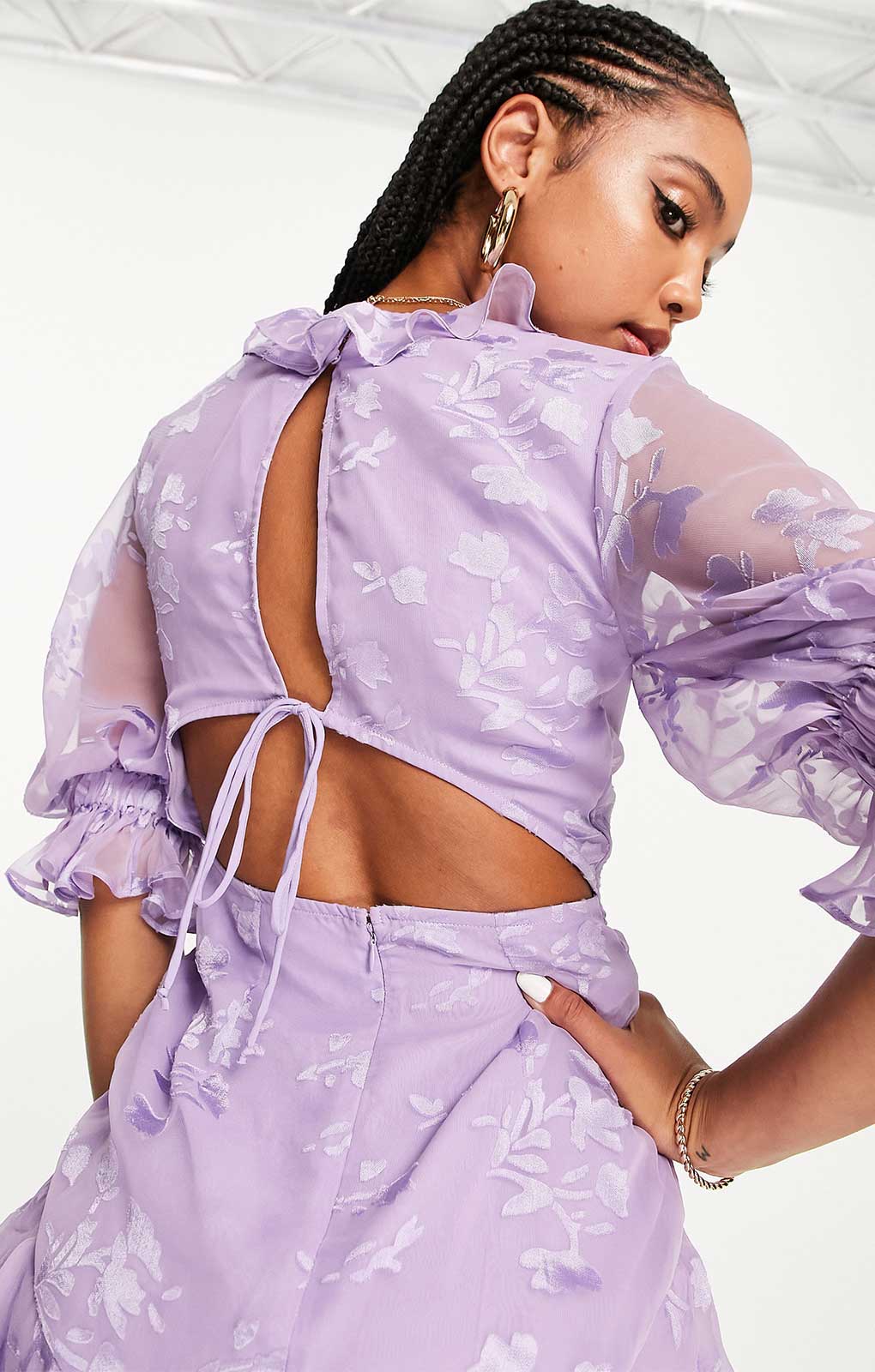 Asos Design Ruffle Detail Mini Dress With Godet Layered Skirt In Satin Floral In Lilac product image