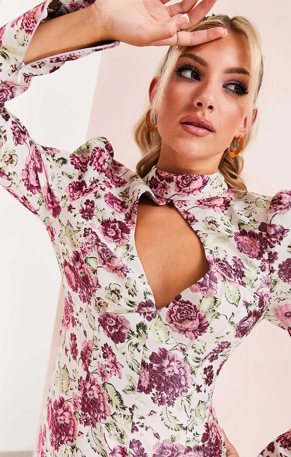 Asos Luxe Keyhole Cut Out Mini Dress In Floral Jacquard product image