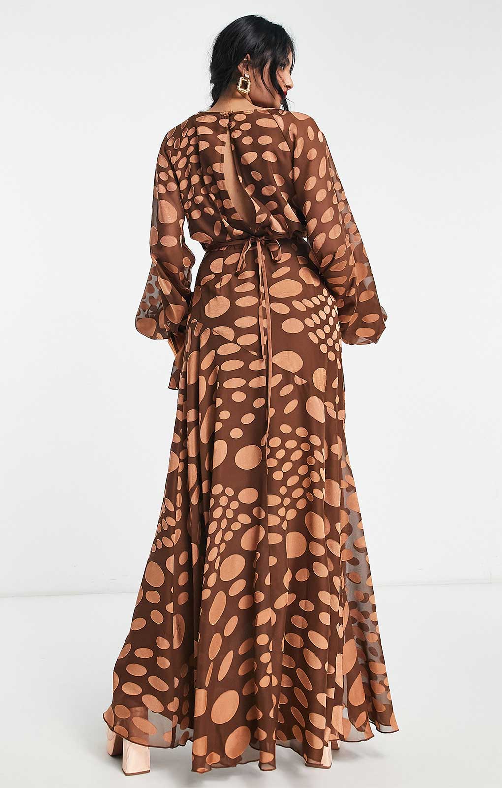 Asos Design Satin Jacquard Warped Spot Wrap Maxi Dress With Tie Waist